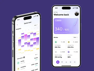 Battery state mobile app android design flat home ios layo mobile app navigation purple screen statistic studio ui ux