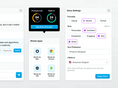 Wordo - UI Dashboard Elements ai clean component dashboard dashboard element dropdown element popup prompt select snippet tooltip ui ui component ui element uidesign uidesigner uiux uiuxdesign userinterface