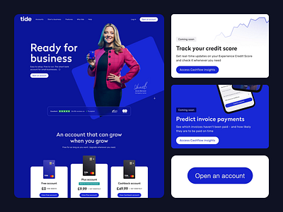 Tide business banking animation bank banking website blue button button interaction cards clean clean ui creative graph homepage mobile design page flow responsive typography website design