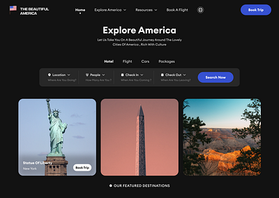 Travel website hero section/ Statue of liberty shows on hover. design ui web design