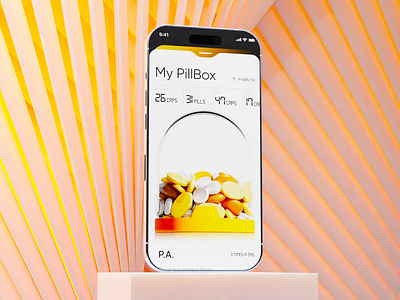 UI concept - Pillbox IOT 💊 3d 3d app abstract animation bottom sheet branding color concept design font graphic design health iot luxury motion motion graphics nft product ui yellow