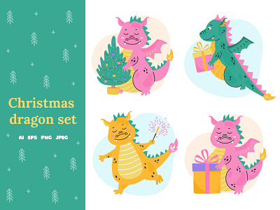 Christmas Dragon set 2024 card christmas christmas tree clipart dino dragon eve graphic design greeting card illustration logo new year print symbol xmas