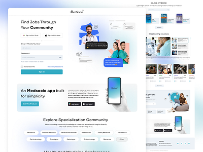 Social Networking for doctors Landing Page/Web Design book search cources design doctors screens dribble flat gradient webscreen home page icons illustration job search landing page live image web screen login screen minimal socila media web page ui ux web page website screen