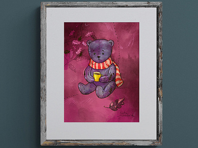 Tea party with currant jam. Art Print art print autumn lovers bear fall mood for kids home illustration painting picture postcard printable teddy wall art