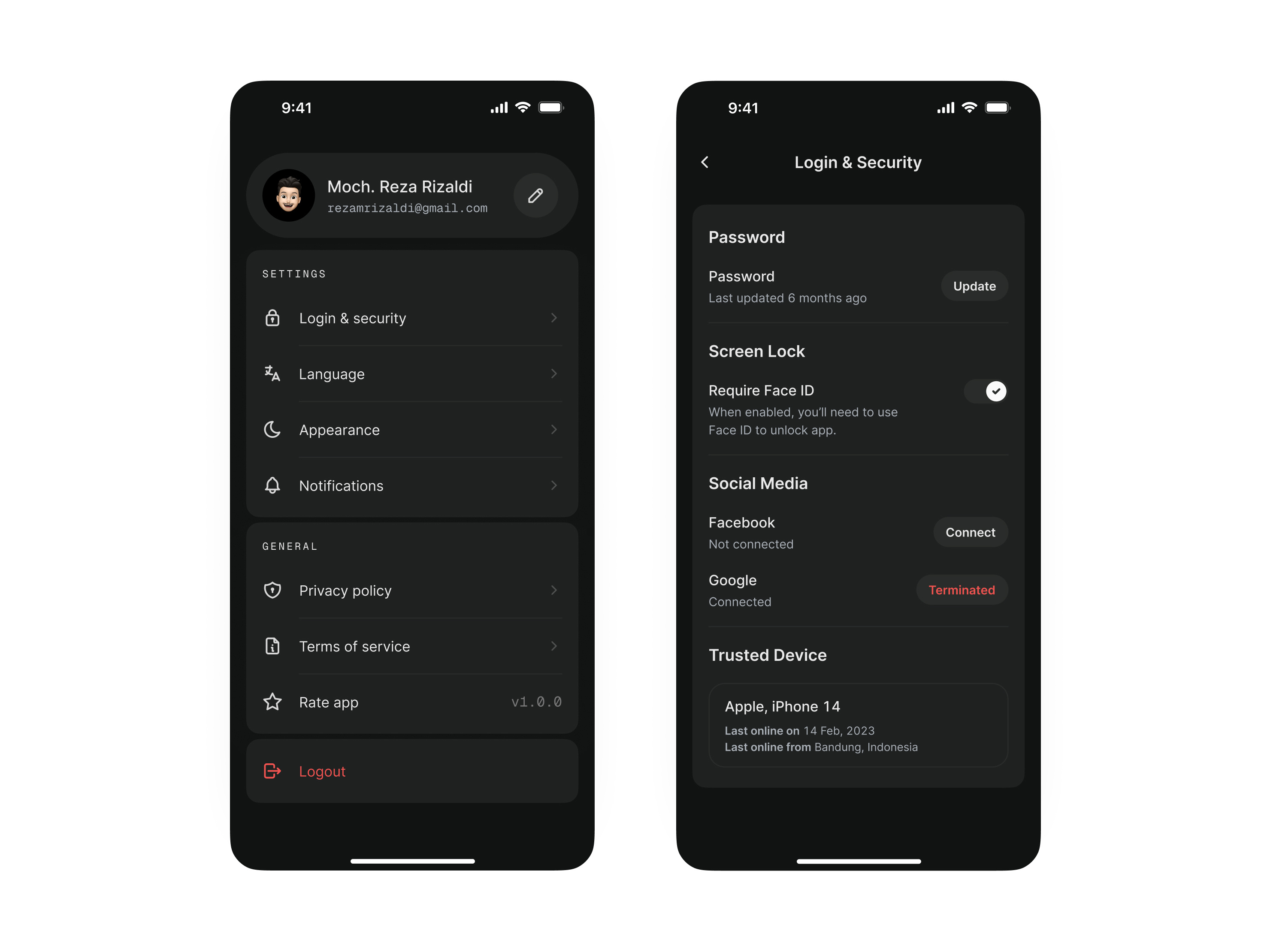 Profile Settings design device face id mobile password setting ui ux