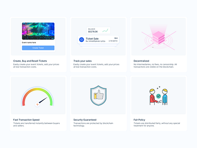 Feature grid - Ticketing with Crypto blockchain clean crypto cryptocurrency design features illustration minimal product design ticket uidesign web design web3