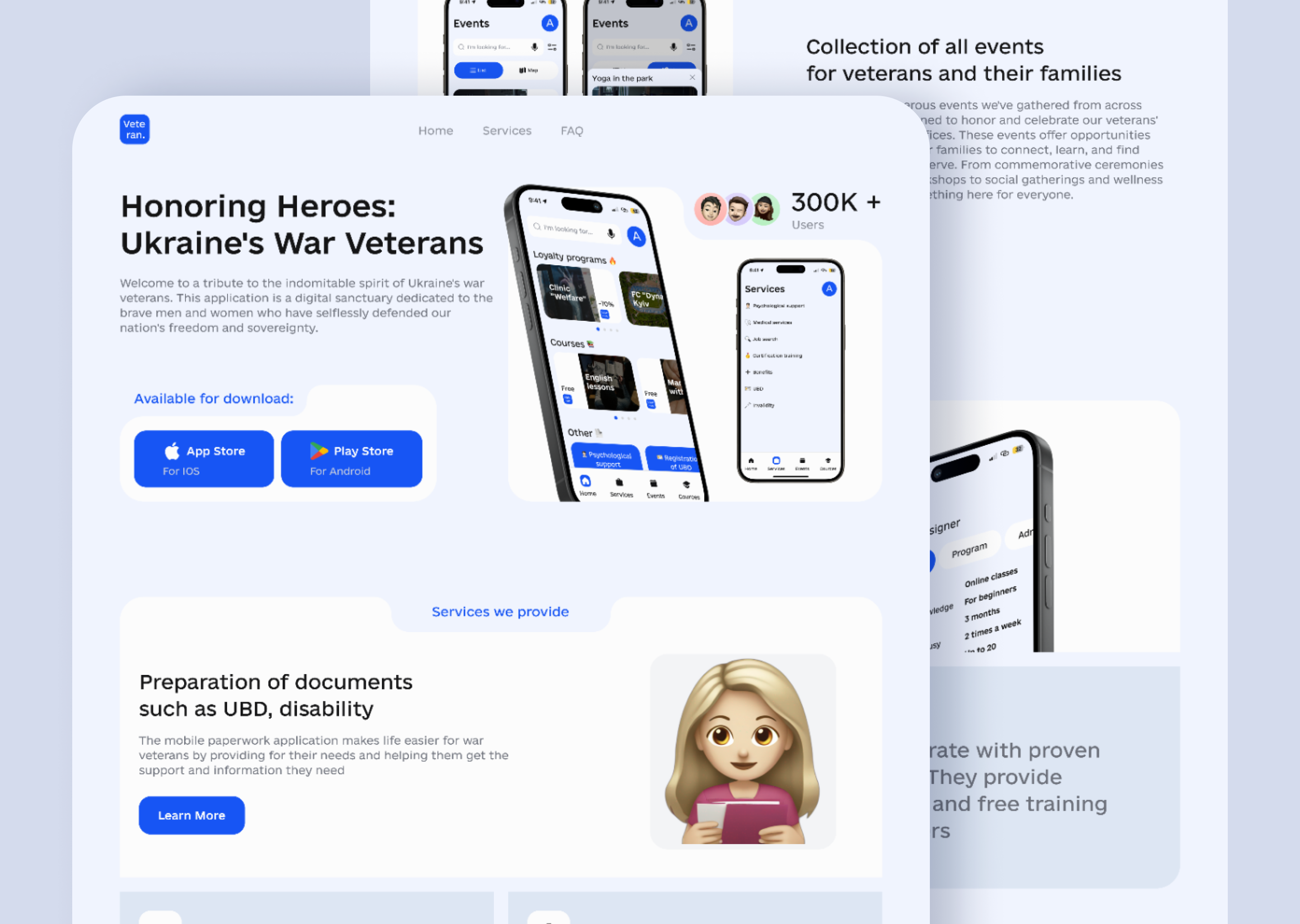 Landing page for mobile application app branding charity design development figma government hero screen landing mobile app ui ukraine user interface ux uxui veteran