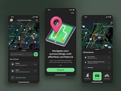 ✨Map Navigation App design car app dark app driver figma green ios location map map app mobile app mobile screens navigation navigation app navigator new york product design taxi travel ui ux