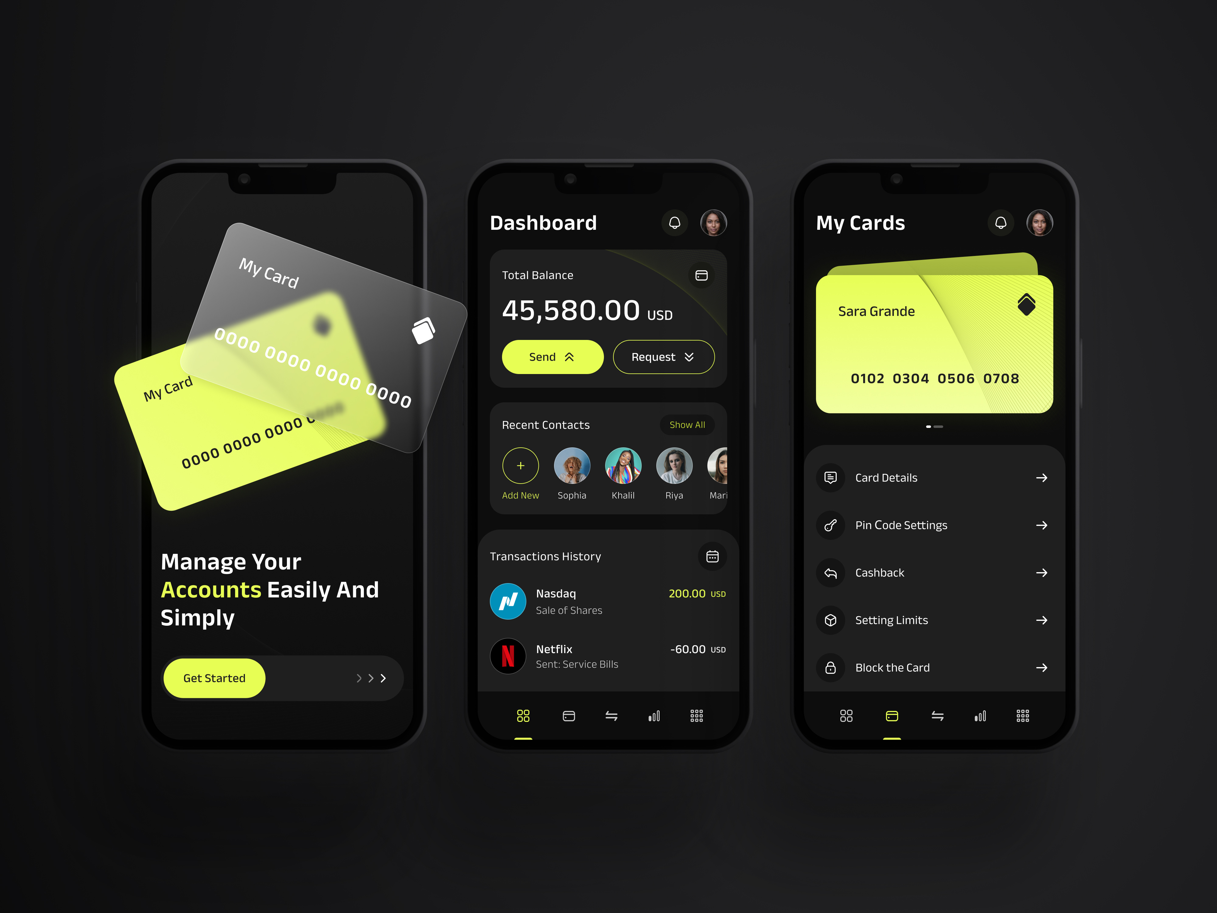 Finance App account app balance banking branding cards credit cards dark theme dashboard dashboard cards design finance app finance dashboard fintech ios profile transaction ui ux yellow
