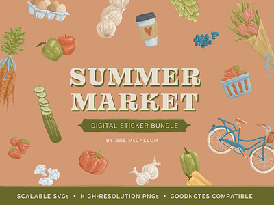 Summer Market Digital Stickers design digital illustration digital product digital sticker drawing farmers market fruit graphic design hand drawn handlettering handmade illustration lettering market produce product sticker summer vegetables