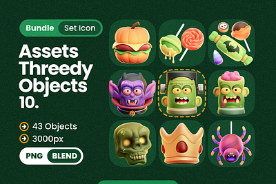 HALLOWEEN OBJECT 3D ICONS avatar candies candies bucket character crown dracula garlands ghost halloween icon lollipop party night poison pumpkin spider witch hat zombie