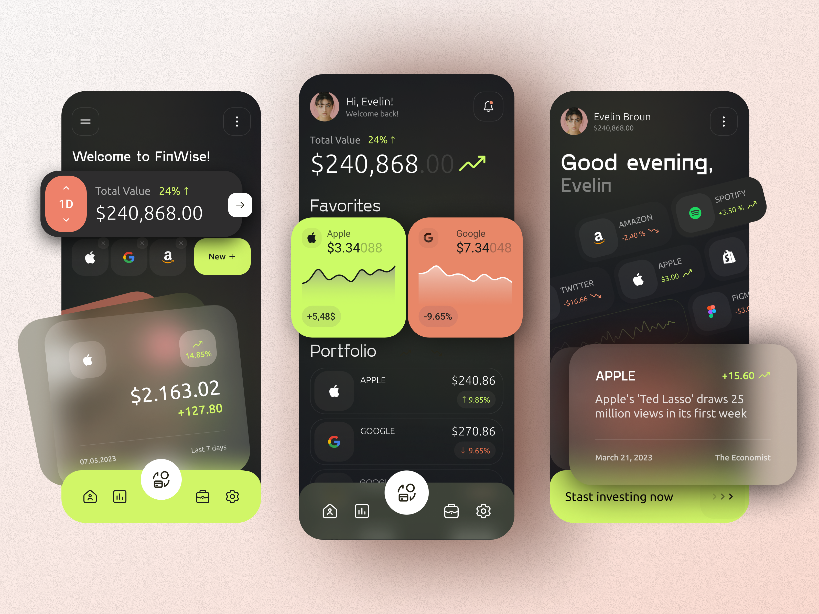 Investment DashboardSystem – FinWise analytic app design chart dashboard dashboard dark mode data visualization finance fintech interface invest investment app investments mobile app mobile design stock market uiux venture capital