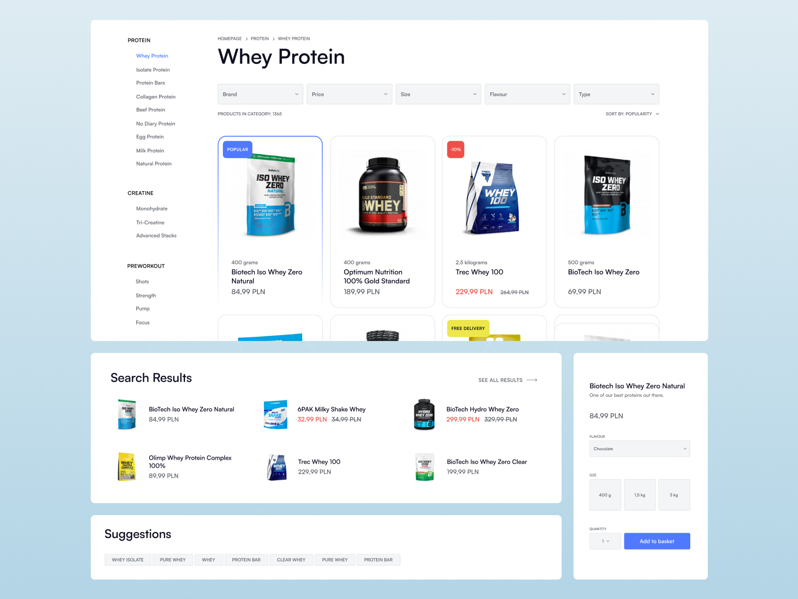 Fitness Ecommerce blue ecommerce fitness light mode minimal modal modals pop up product design search bar sports store supplements ui web web design white white space