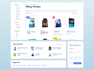 Fitness Ecommerce blue ecommerce fitness light mode minimal modal modals pop up product design search bar sports store supplements ui web web design white white space