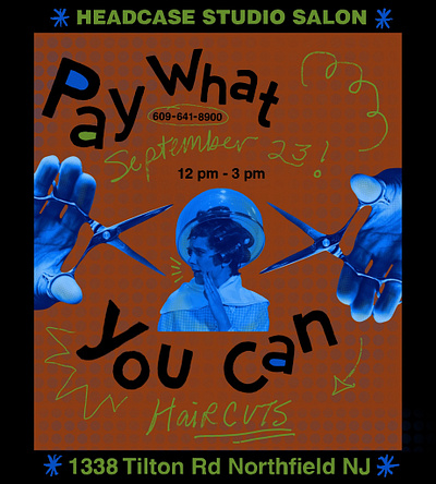 Headcase Studio Salon "Pay What You Can" Event Poster branding colorblocking graphic design illustration procreate typography