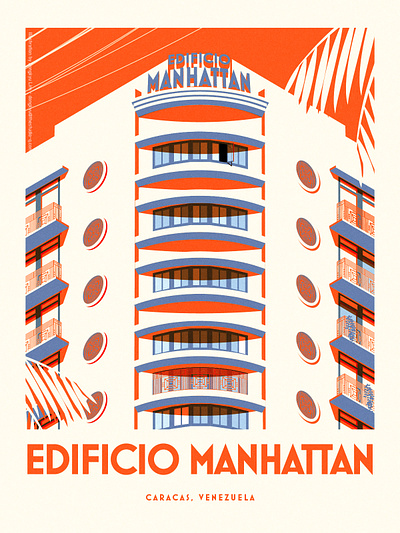 Manhattan building, not in NYC 1930s architecture art deco color illustration poster design vintage