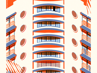 Manhattan building, not in NYC 1930s architecture art deco color illustration poster design vintage