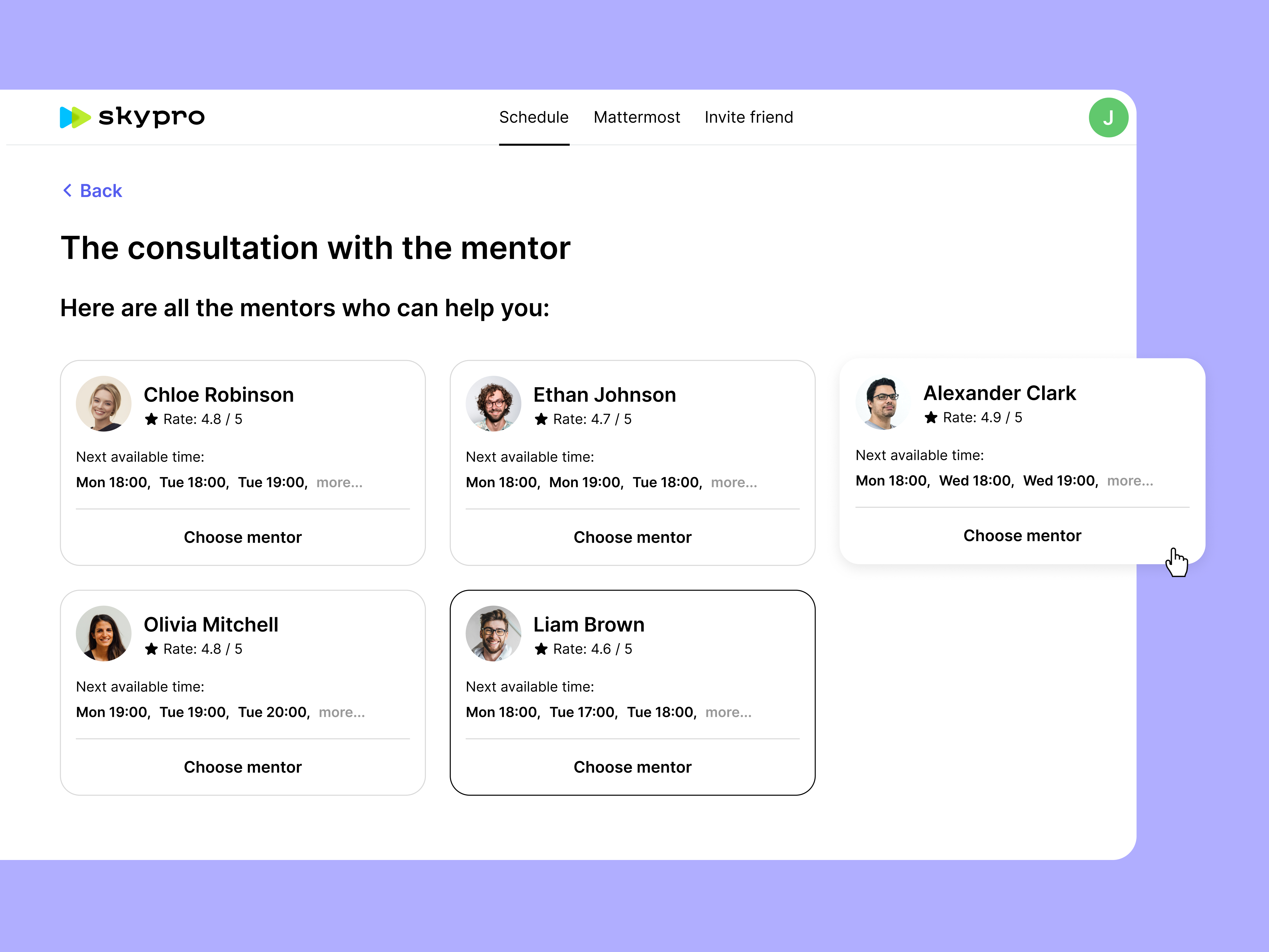 Mentor cards card graphic design schedule ui ux
