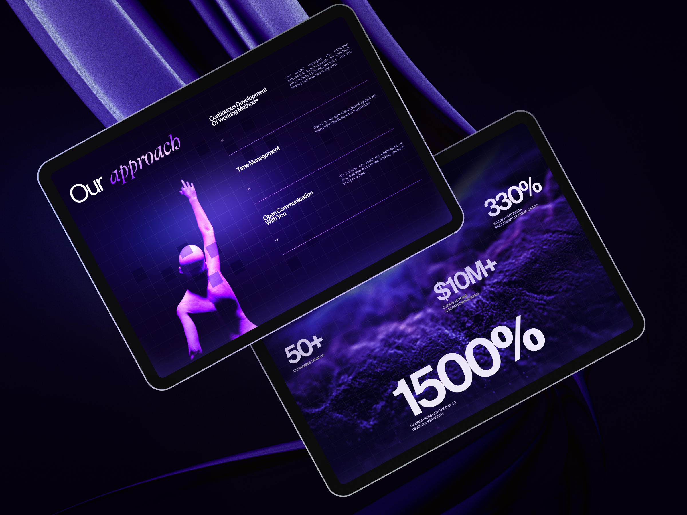 Marketing Agency Landing Page Tablet 3d agency design landing marketing mobile neon purple ui ux web web3 webdesign