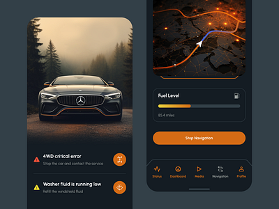 Car mobile app UI by AI ai app auto automotive car dark figma mercedes midjourney mobile navigation orange ui