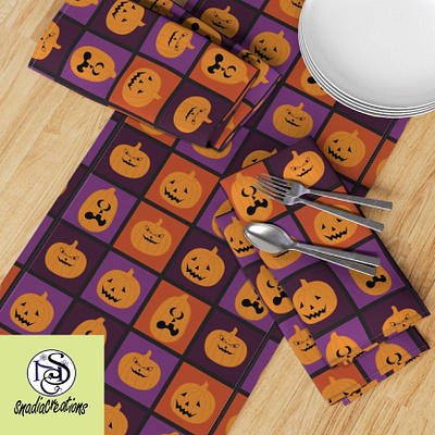 Happy Halloween checkers checks decorative ghost halloween holiday home decor maximalist mustard orange pumpkins purple seamless pattern seasonal spooky surface design textile pattern designer vector wallpaper design western