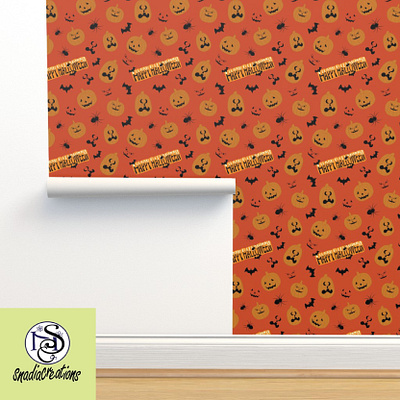 Happy Halloween bat decorative design halloween holiday home decor maximalist mustard neutral orange pumpkins scary seamless pattern seasonal spooky textile pattern designer typogrphy vector wallpaper design western