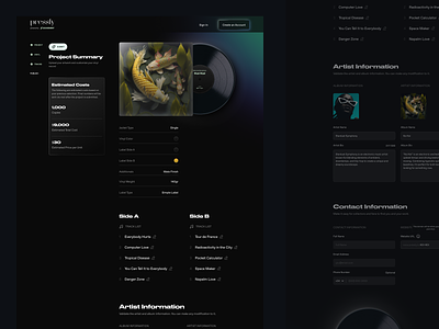 Vinyl Creation Platform art cover artist dark mode dashboard druk wide favorit flow minimalistic mockup player preview songs vinyl