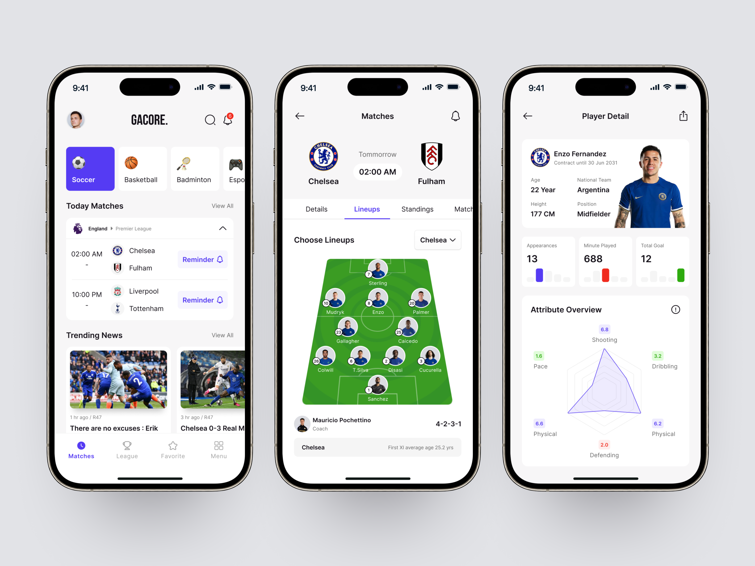 Sport Live Score - Gacore app badminton basketball clean clean ui esport football ios league live score minimalist mobile mockup news player score soccer sport ui ui ux