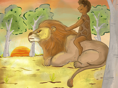 Boys and Lion Children illustration african animal balance cartoon children book childrenbook colouring book design fullcolour handdrawing illustration kids kidscharacter nature procreate relationship storybook sunset