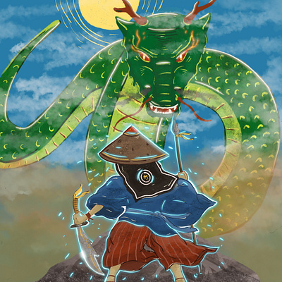 The Legend of The Dragon Illustration boy and girl brave kid cartoon children book design dragon fight fullcolour handdrawing illustration kids legend peace maker procreate samurai storybook vibrant colour