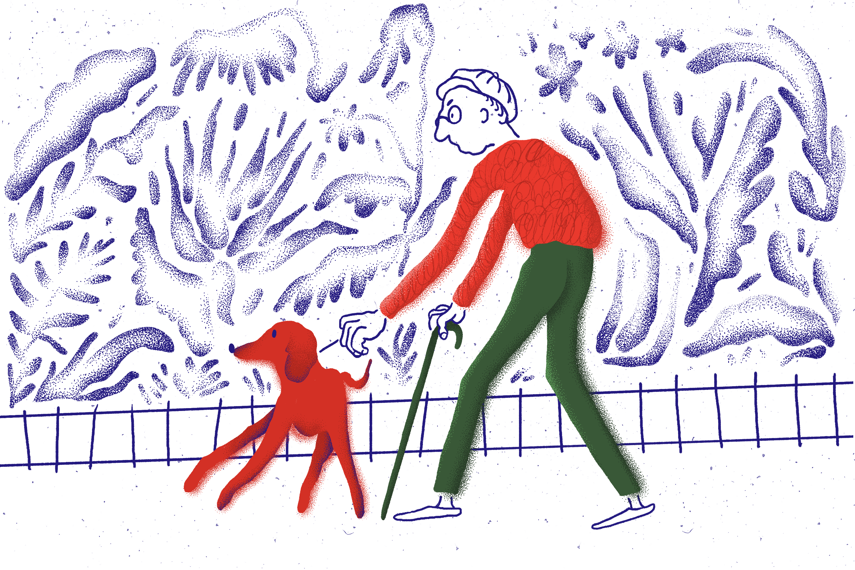 walk with the dog | illustration atmosphere botanical illustration california dog graphic design illustration los angeles magazine illustration procreate red retro street street style texture walk