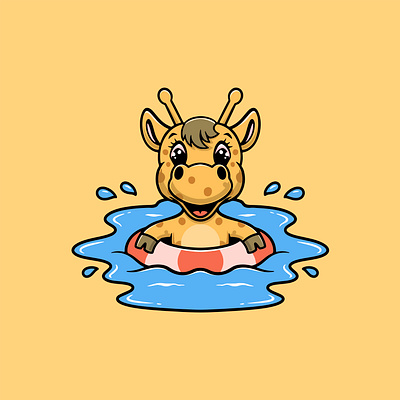 Cute Giraffe Swimming Illustration lake