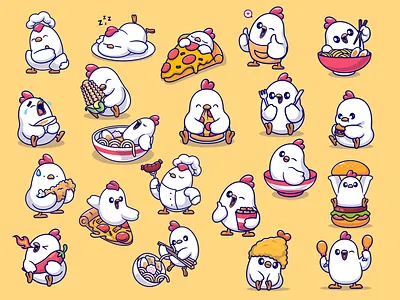 Chicken🐓🍜🍕🍗 activity animals ate baby animal chef chicken cute farm fast food food icon illustration logo pizza pose profession sleeping sticker surfing