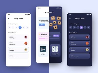 Scrabble Game clean dark mode design game gameapp light mode minimal players scrabble ui uidesign uiux ux