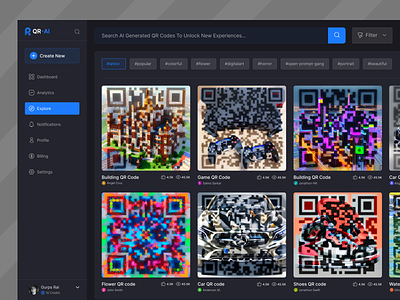 QR-Code AI Dashboard ai ai dashboard dashboard design ecommerce explore dashboard explore screen marketplace minimal qr qr code qr code dashboard trending ui design ui ux design ux design web design