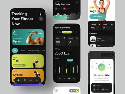 Fitness App Exploration aerobic android app bold cardio charts clean dark mode dashboard design fitness gym ios mobile sport typography ui ux workout yoga