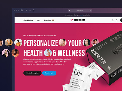 Vitaboom Launch with a Boom box design branding branding box caps dashboard design ecommerce landing page shop shopify store subscription webflow