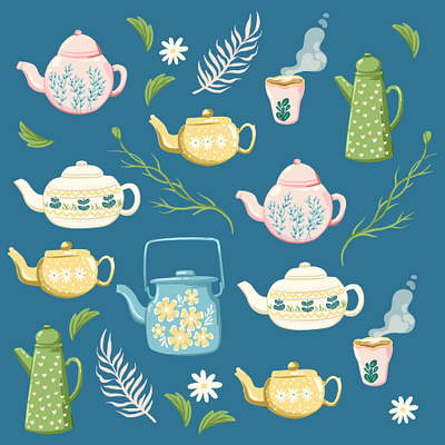 Teapots art calm color cute design digital art girlsart illustration picnic procreate relax tea tea time teapoats warm
