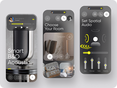Smart Home Acoustic App acoustic adobe animation audio bang blur equalizer figma home monochrome music photoshop player room smart spatial ui ux yelow