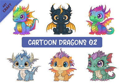Set of Cartoon Dragons 02. Fantasy clipart. cartoon dinosaur dragon fantasy illustration noai sticker vector