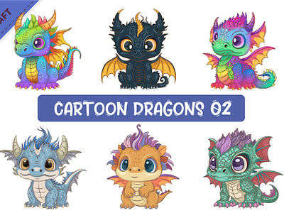 Set of Cartoon Dragons 02. Fantasy clipart. cartoon dinosaur dragon fantasy illustration noai sticker vector