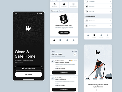 W-Find App: Cleaning service at demand. app design app ui clean app clean design cleaning service design figma design find cleaner home service mobile app service app ui ui design