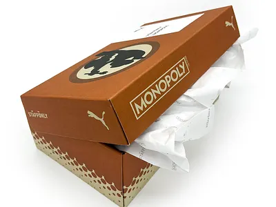 Monopoly x PUMA packaging brand branding design graphic design illustration logo monopoly monopoly box packaging packaging design puma puma shoes shoebox sneaker head