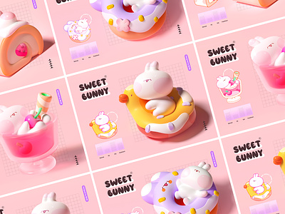 Sweet Bunny 01 3d c4d cute design donut food ice cream illustration ip design lovely mascot pink rabbit zhang 张小哈
