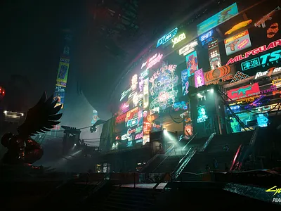 🏙 Cyberpunk 2077: Phantom Liberty 3d animation brands cd projekt red city cyberpunk 2077 dark lights logo motion graphics night phantom liberty signs stadium town vfx video editing video game visual effects wallpaper