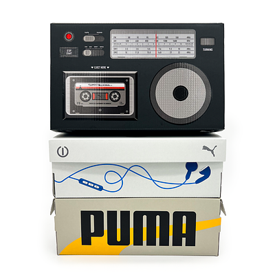 PUMA Mixtape Shoeboxes brand branding cassette cassette player design graphic design illustration logo mixtape packaging packaging design puma puma shoes retro shoebox sneaker head vector vintage