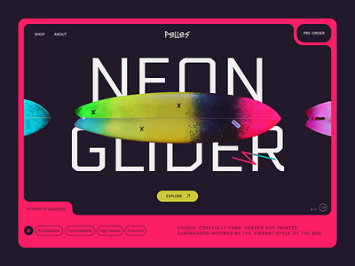 Pelles – Surfboards Shop 80 ecommerce grain header design hero section interface landing page neon shop surfing ui vibrant web design webpage website