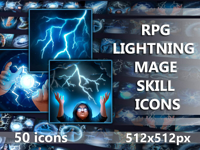 RPG Lightning Mage Skill Icons 2d art asset assets fantasy game game assets gamedev icon icons illustration indie indie game magic magical mmo mmorpg rpg skill skills