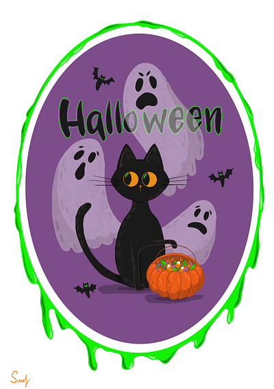 Halloween cats ghosts halloween illustration painting