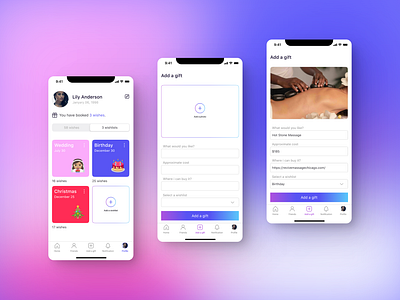 Mobile application for creating wishlists app creative first screen gift gradient ios mobile mobile application ui ux ux ui web design wishlist